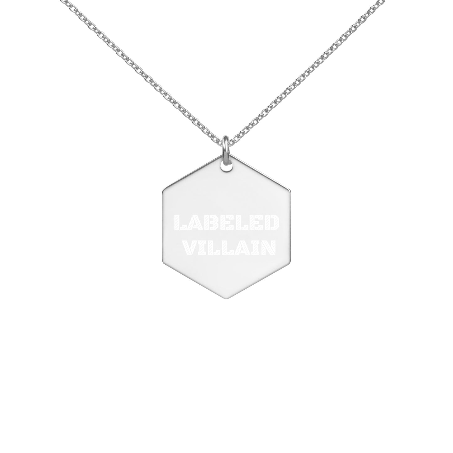 Labeled Villain Engraved Silver Hexagon Necklace